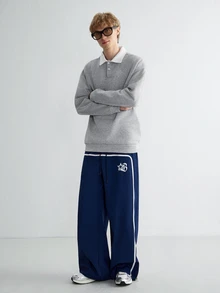 Sonviro 男士宽松撞色 Polo 领保暖长袖卫衣，秋冬款 - 淺灰色 - 查看 4