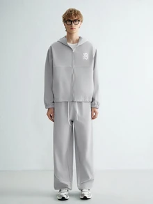 Sonviro Men's Letter Print Hooded Zip-Up Jacket And Contrast Trim Pants Set Men 2 Pieces - Grey - View 1