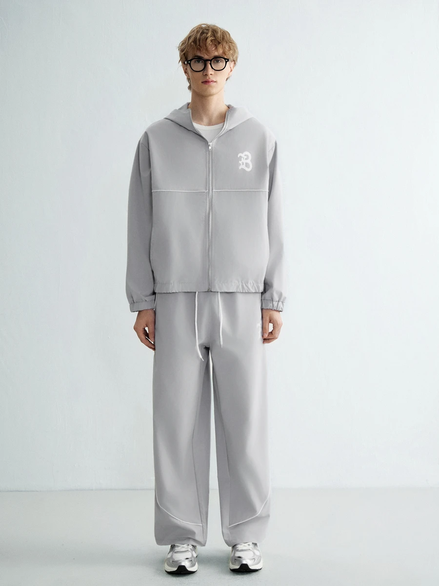 Sonviro Men's Letter Print Hooded Zip-Up Jacket And Contrast Trim Pants Set Men 2 Pieces - Grey - View 1