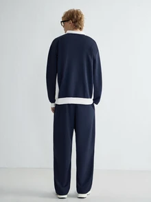 Sonviro Herrset med långärmad dragkedja i kontrastfärg, trendigt och mångsidigt pullover-set - Marinblå - Visa 2