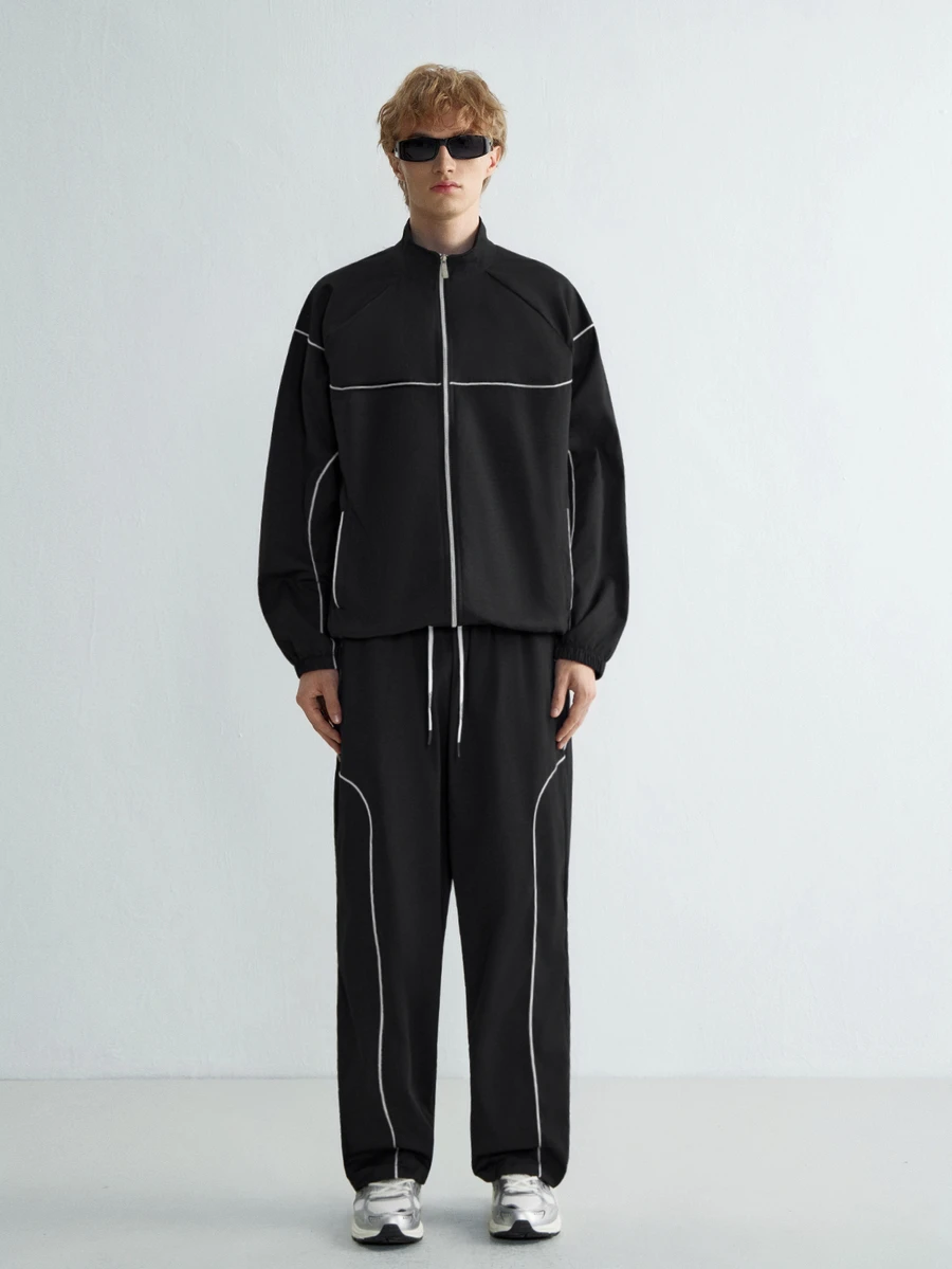 Sonviro طقم رجالي كاجوال عصري للشارع، جاكيت بسحاب مع خطوط تباين وبنطال طويل بخصر برباط شد - الأسود - مشاهدة 1