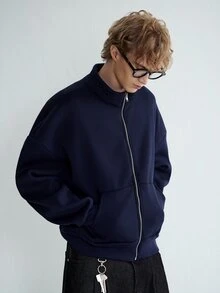 Sonviro 男士休閒短版街頭風拉鍊連帽衛衣，秋季長袖上衣，情人節、春夏季、送給男友的禮物、狂歡節、復古、街頭穿搭、派對、聖帕翠克節、外出穿搭 - 寶藍色 - 查看 1