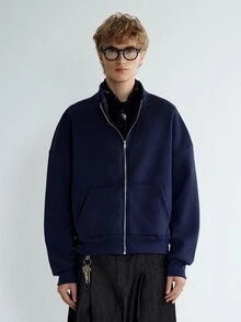 Sonviro 男士休閒短版街頭風拉鍊連帽衛衣，秋季長袖上衣，情人節、春夏季、送給男友的禮物、狂歡節、復古、街頭穿搭、派對、聖帕翠克節、外出穿搭 - 寶藍色 - 查看 2