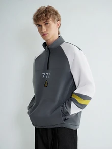 Sonviro Men's Casual Jacket,White And Yellow Autumn Streetwear Hiking Color Block Jacket With Half Zip Collar,Numeral & Graphic Design,Drawstring Hem Fit - Grey - View 4