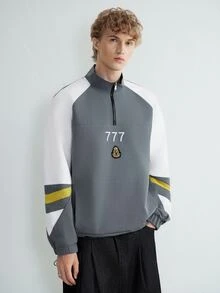 Sonviro Men's Casual Jacket,White And Yellow Autumn Streetwear Hiking Color Block Jacket With Half Zip Collar,Numeral & Graphic Design,Drawstring Hem Fit - Grey - View 1