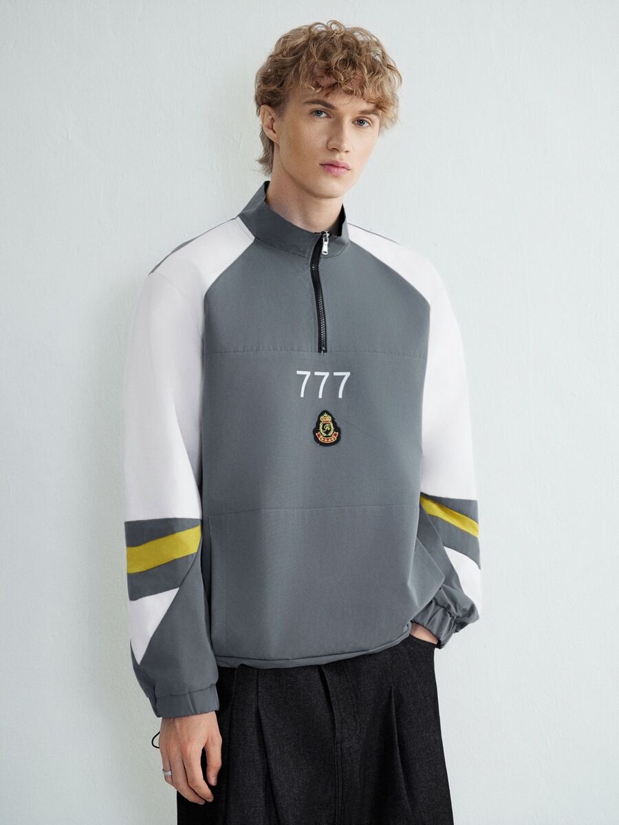 Sonviro Men's Casual Jacket,White And Yellow Autumn Streetwear Hiking Color Block Jacket With Half Zip Collar,Numeral & Graphic Design,Drawstring Hem Fit - Grey - View 1