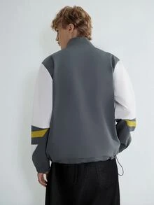 Sonviro Men's Casual Jacket,White And Yellow Autumn Streetwear Hiking Color Block Jacket With Half Zip Collar,Numeral & Graphic Design,Drawstring Hem Fit - Grey - View 2