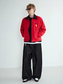 Sonviro Manfinity Streetrush 男士長袖美式休閒工裝夾克，紅色拉鍊戶外穿著，秋季，聖誕節適用 - 紅色 - 查看 5