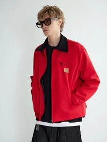 Sonviro Manfinity Streetrush 男士長袖美式休閒工裝夾克，紅色拉鍊戶外穿著，秋季，聖誕節適用 - 紅色 - 查看 3