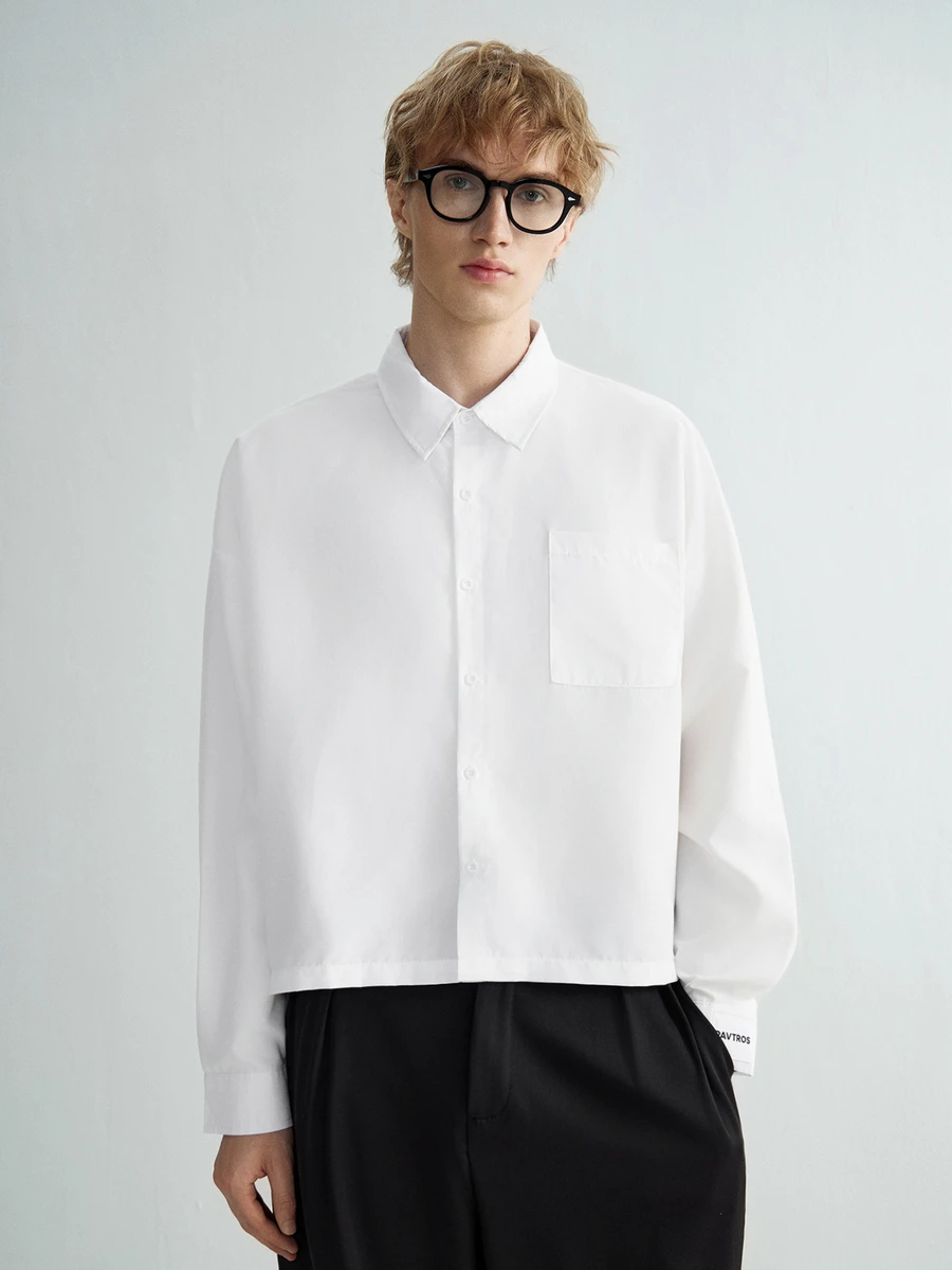 Sonviro PAVTROS Men's White Button-Down Long Sleeve Shirt With Chest Pocket & Label Detail, Boxy Cropped Fit - White - View 1