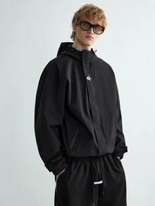 Sonviro Men's Hooded Black Jacket, Y2K Zip-Up Jacket With Pockets, Men's Apparel - Black - View 1