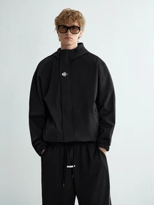 Sonviro Men's Hooded Black Jacket, Y2K Zip-Up Jacket With Pockets, Men's Apparel - Black - View 3