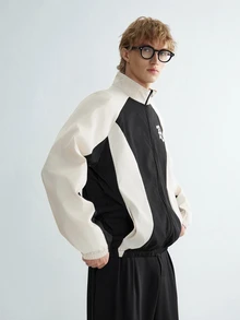 Sonviro 男士休閒拼色拼接夾克，適合春秋穿著 - 黑與白 - 查看 3