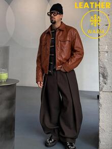 AKNOTIC Men's Short Leather Jacket With Cargo Pockets Streetwear,Suede Air Layer Jacket,Utility Cargo Jacket,Streetwear Jacket,Halloween Winter Party Autumn - Coffee Brown - View 3