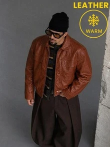AKNOTIC Men's Short Leather Jacket With Cargo Pockets Streetwear,Suede Air Layer Jacket,Utility Cargo Jacket,Streetwear Jacket,Halloween Winter Party Autumn - Coffee Brown - View 2