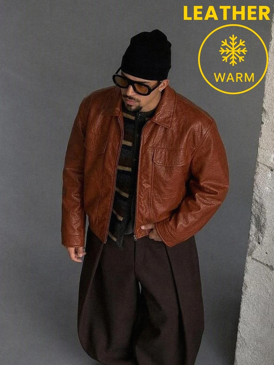 AKNOTIC Men's Short Leather Jacket With Cargo Pockets Streetwear,Suede Air Layer Jacket,Utility Cargo Jacket,Streetwear Jacket,Halloween Winter Party Autumn