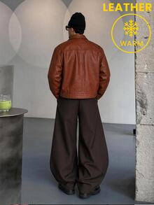 AKNOTIC Men's Short Leather Jacket With Cargo Pockets Streetwear,Suede Air Layer Jacket,Utility Cargo Jacket,Streetwear Jacket,Halloween Winter Party Autumn - Coffee Brown - View 5