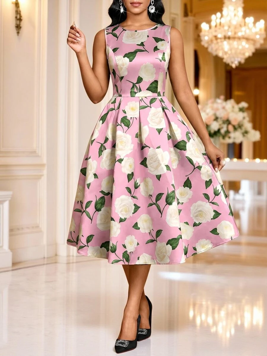 SHEIN Lady Women's Round Neck Sleeveless Pink Floral Midi Dress Wedding ...