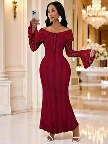 SHEIN Lady 酒紅色蕾絲露肩修身顯瘦長版緊身洋裝，適合婚禮、夜晚晚餐、派對、秋季，浪漫優雅休閒婚禮穿搭 - 紅色 - 查看 5
