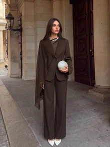 Aloruh Setelan Blazer dan Celana Panjang Wanita untuk Kerja/Perjalanan Kantor - Coklat - View 3