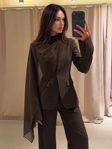 Aloruh Setelan Blazer dan Celana Panjang Wanita untuk Kerja/Perjalanan Kantor - Coklat - View 7
