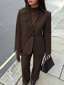 Aloruh Setelan Blazer dan Celana Panjang Wanita untuk Kerja/Perjalanan Kantor - Coklat - View 5