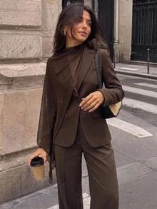 Aloruh Setelan Blazer dan Celana Panjang Wanita untuk Kerja/Perjalanan Kantor - Coklat - View 9