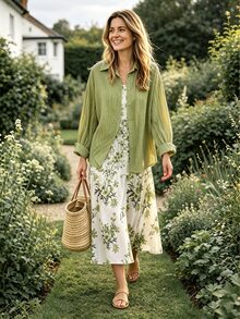 Rusticease Plus Size Solid Color Shirt & Floral Print Dress 2 Pieces Set - Green - View 7