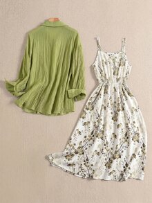 Rusticease Plus Size Solid Color Shirt & Floral Print Dress 2 Pieces Set - Green - View 3