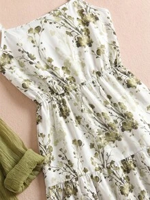 Rusticease Plus Size Solid Color Shirt & Floral Print Dress 2 Pieces Set - Green - View 5