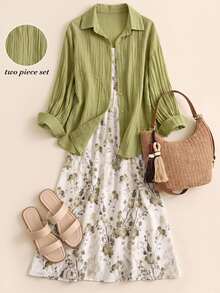 Rusticease Plus Size Solid Color Shirt & Floral Print Dress 2 Pieces Set - Green - View 2