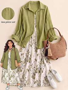 Rusticease Plus Size Solid Color Shirt & Floral Print Dress 2 Pieces Set - Green - View 1