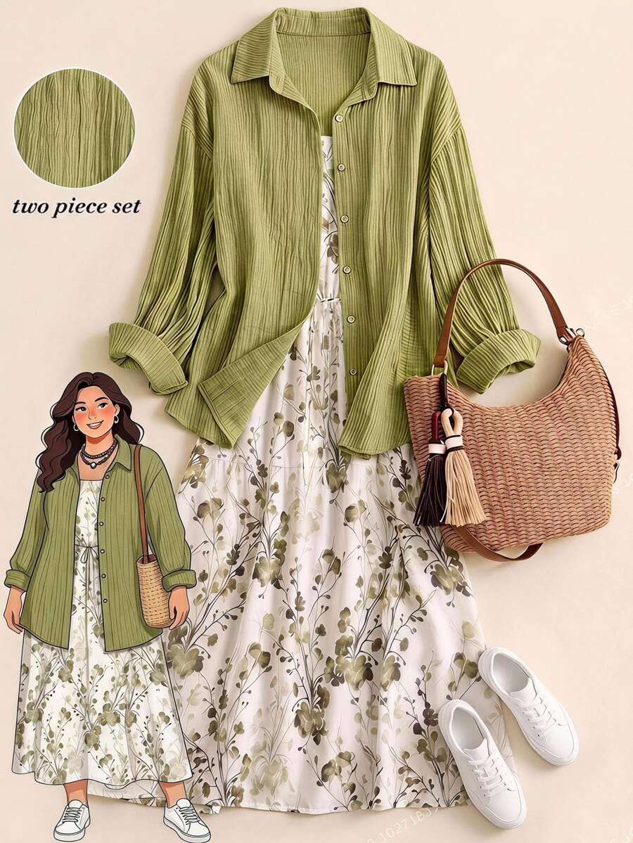Rusticease Plus Size Solid Color Shirt & Floral Print Dress 2 Pieces Set - Green - View 1