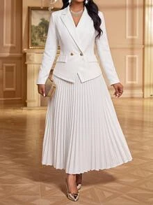 Fleurora Plus Size Women Solid Color Lapel Neck Long Sleeve Blazer And Pleated Skirt Elegant 2 Pieces Set Fall - Multicolor - View 7