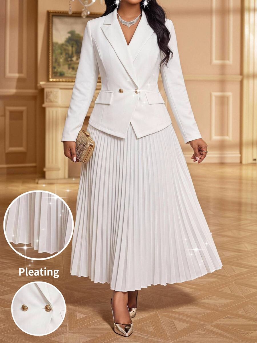 Fleurora Plus Size Women Solid Color Lapel Neck Long Sleeve Blazer And Pleated Skirt Elegant 2 Pieces Set Fall - Multicolor - View 1