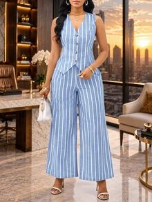 SHEIN Lady 藍白條紋布料女款優雅休閒商務專業無袖背心與長褲套裝，適合辦公室、早午餐、秋季 - 淺藍色 - 查看 8
