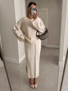 SHEIN Women's Wear Cream Textured Knit Sweater & Midi Skirt Co-Ord Set - كريم - مشاهدة 4