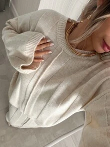 SHEIN Women's Wear Cream Textured Knit Sweater & Midi Skirt Co-Ord Set - كريم - مشاهدة 8