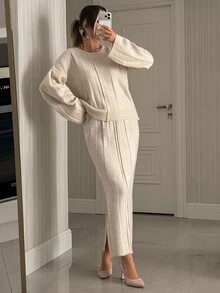 SHEIN Women's Wear Cream Textured Knit Sweater & Midi Skirt Co-Ord Set - كريم - مشاهدة 9