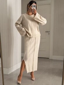 SHEIN Women's Wear Cream Textured Knit Sweater & Midi Skirt Co-Ord Set - كريم - مشاهدة 7