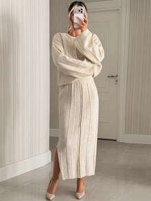 SHEIN Women's Wear Cream Textured Knit Sweater & Midi Skirt Co-Ord Set - كريم - مشاهدة 10