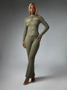 BABYPHAT Quần dài ống loe cạp vừa dệt kim gân, thêu logo chữ, cho mùa thu đông - xanh quân đội - Xem 5