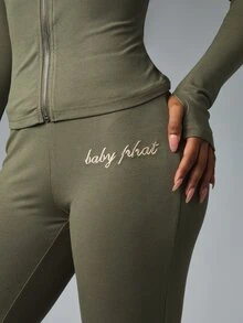 BABYPHAT Quần dài ống loe cạp vừa dệt kim gân, thêu logo chữ, cho mùa thu đông - xanh quân đội - Xem 6