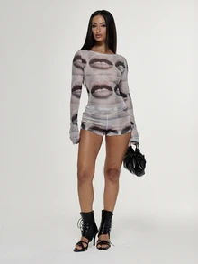 MUSERA Graphic Printed Mesh Semi Sheer Fitted Crewneck Top With Fitted Mini Shorts Sexy Evening Holiday Festival Unscripted - Multicolor - View 3