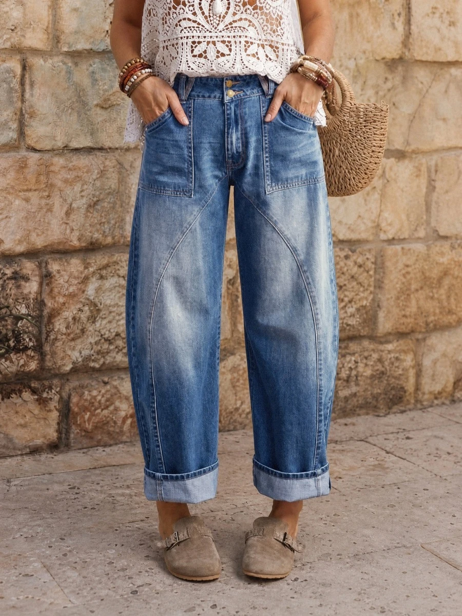 EMERY ROSE Women's Button Front Pocket Relaxed Fit Straight Leg Jeans Wide Leg Jeans Woman Loose Jeans Oversized Jeans Baggy Jeans Barrel Jeans - Light Wash - View 1