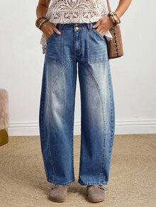 EMERY ROSE Women's Button Front Pocket Relaxed Fit Straight Leg Jeans Wide Leg Jeans Woman Loose Jeans Oversized Jeans Baggy Jeans Barrel Jeans - Light Wash - View 2