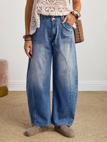 EMERY ROSE Women's Button Front Pocket Relaxed Fit Straight Leg Jeans Wide Leg Jeans Woman Loose Jeans Oversized Jeans Baggy Jeans Barrel Jeans - Light Wash - View 7