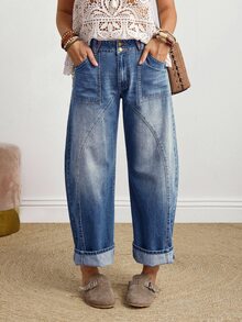 EMERY ROSE Women's Button Front Pocket Relaxed Fit Straight Leg Jeans Wide Leg Jeans Woman Loose Jeans Oversized Jeans Baggy Jeans Barrel Jeans - Light Wash - View 3