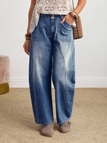 EMERY ROSE Women's Button Front Pocket Relaxed Fit Straight Leg Jeans Wide Leg Jeans Woman Loose Jeans Oversized Jeans Baggy Jeans Barrel Jeans - Light Wash - View 5