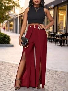 SHEIN Lady Women's Solid Color High Waist Split Hem Wide Leg Loose Long Pants Party Burgundy Summer Elegant - Burgundy - View 3